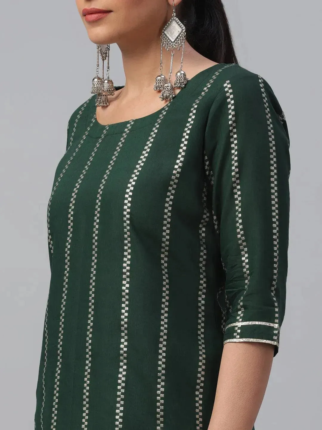 Green Striped Polyester Straight Sharara Suit Set With Dupatta