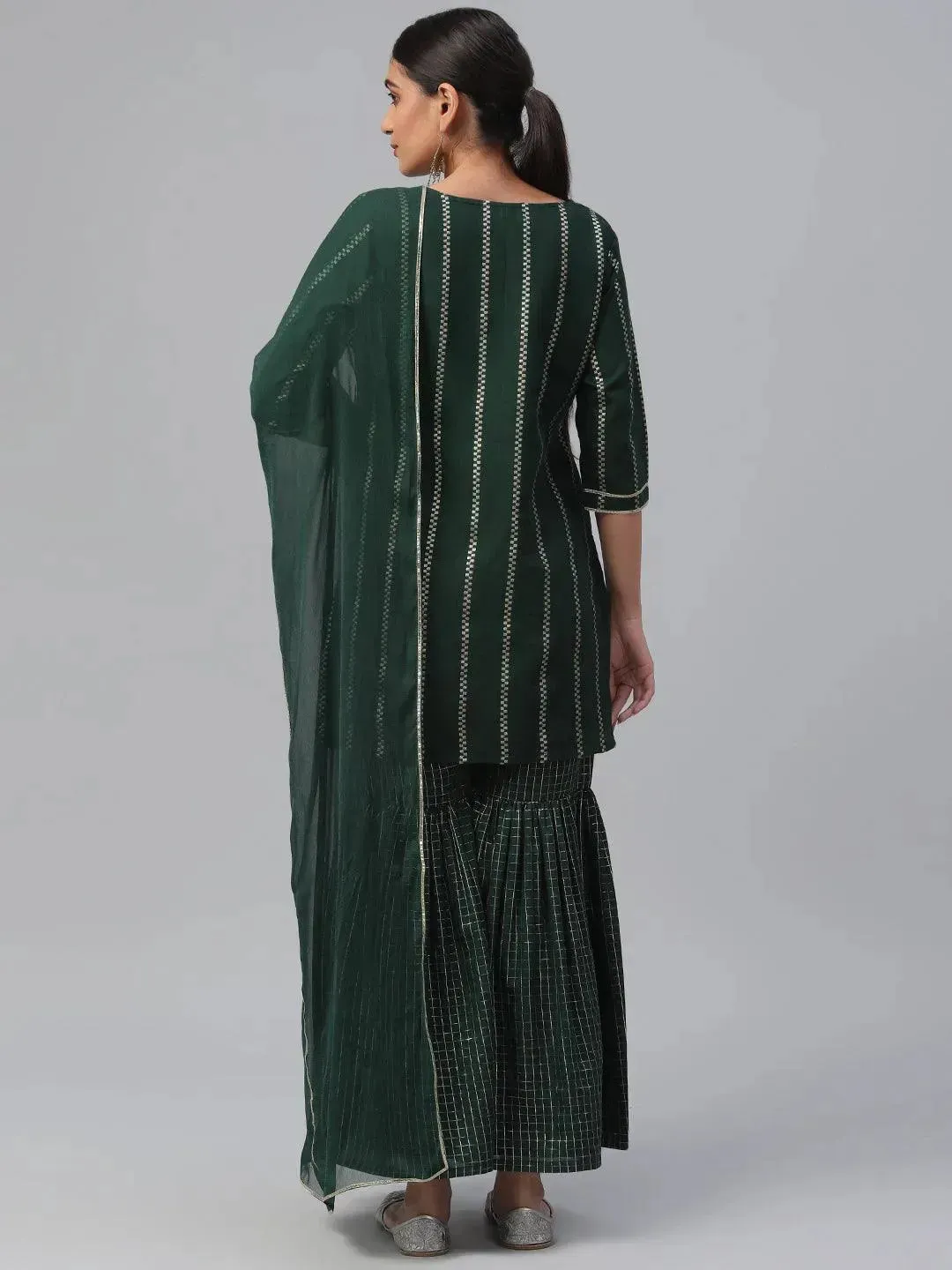 Green Striped Polyester Straight Sharara Suit Set With Dupatta