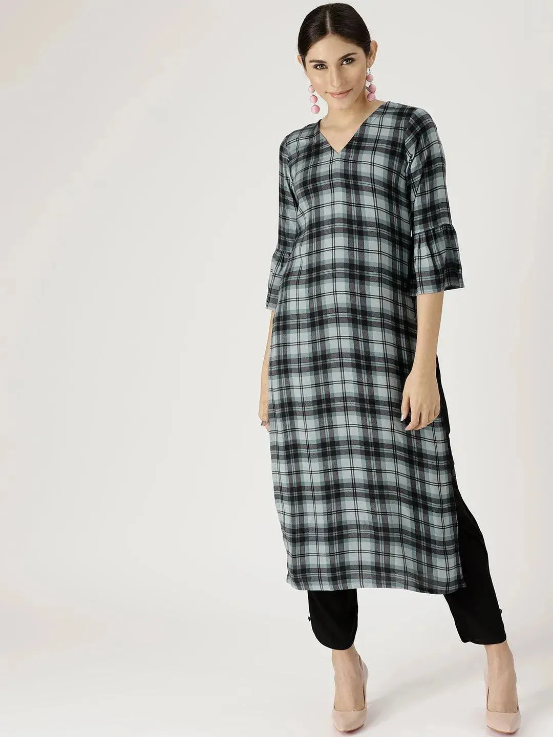 Grey Checkered Rayon Straight Kurta With Trousers