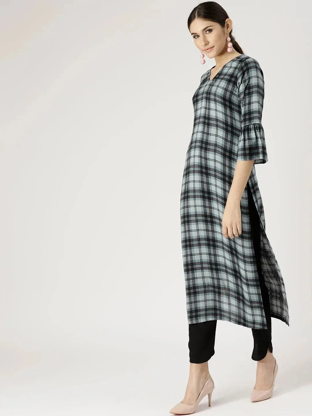 Grey Checkered Rayon Straight Kurta With Trousers