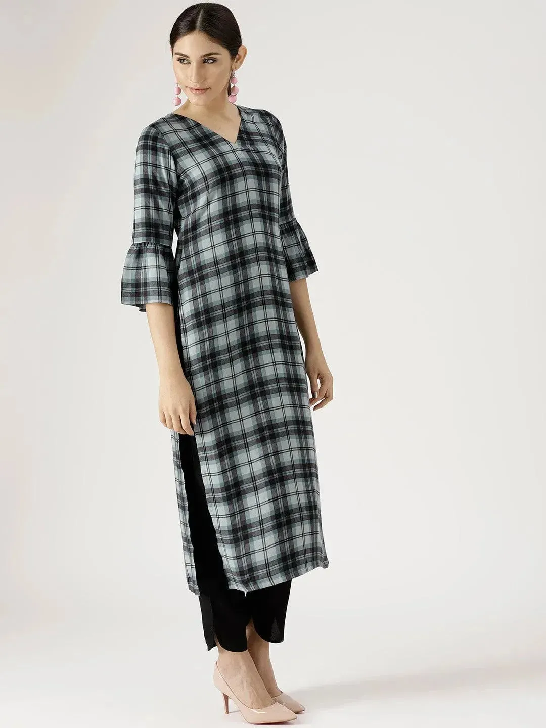 Grey Checkered Rayon Straight Kurta With Trousers