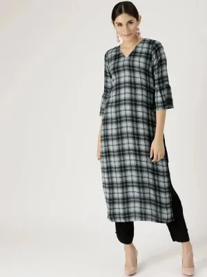 Grey Checkered Rayon Straight Kurta With Trousers