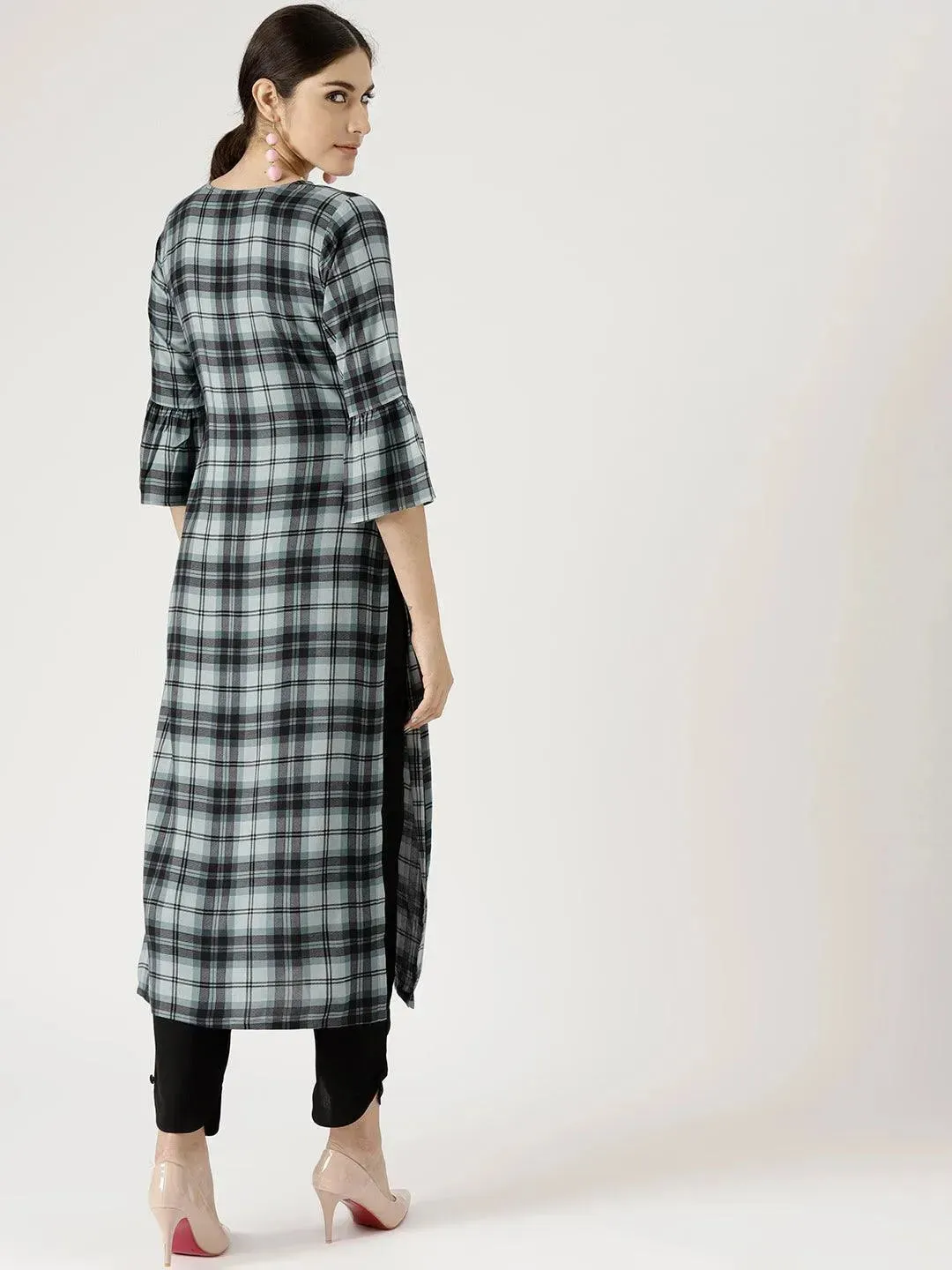 Grey Checkered Rayon Straight Kurta With Trousers