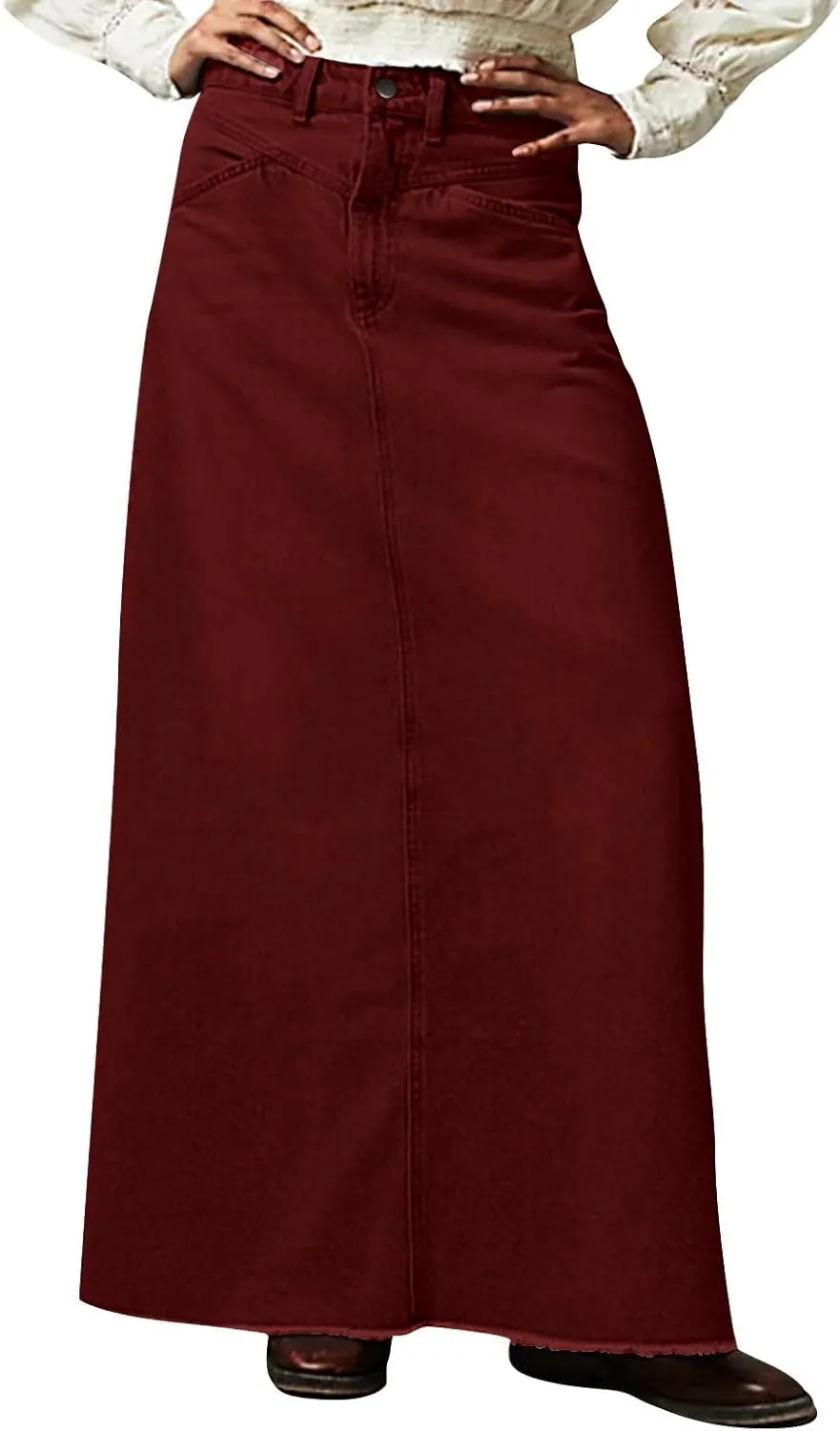 Jean Skirts for Women Denim Y2k High Waisted Maxi Skirts with Pockets Casual Vintage Frayed Hem Long Denim Skirts