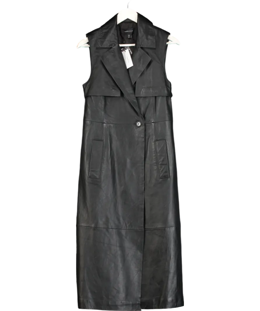 Karen Millen Black Leather Sleeveless Belted Storm Flap Detail Trench Coat UK 6