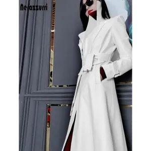 Nerazzurri Spring Runway White Long Leather Trench Coat for Women Long Sleeve Elegant Luxury Fashion