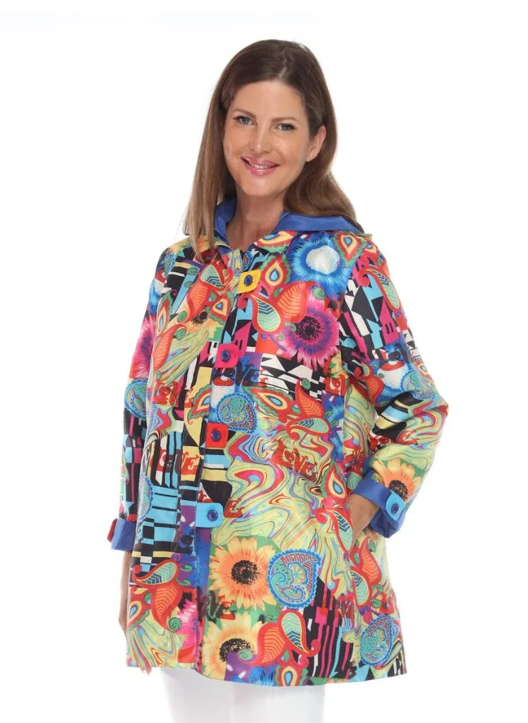 Oopera Zipper Front Closure Button Tab Placket Reversible Hooded Raincoat - Yellow/Multicolor