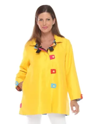 Oopera Zipper Front Closure Button Tab Placket Reversible Hooded Raincoat - Yellow/Multicolor