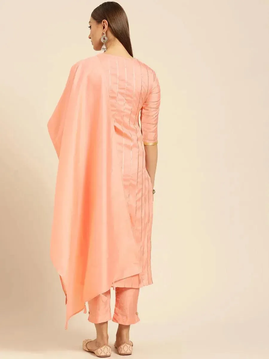 Peach Striped Silk Straight Kurta With Dupatta