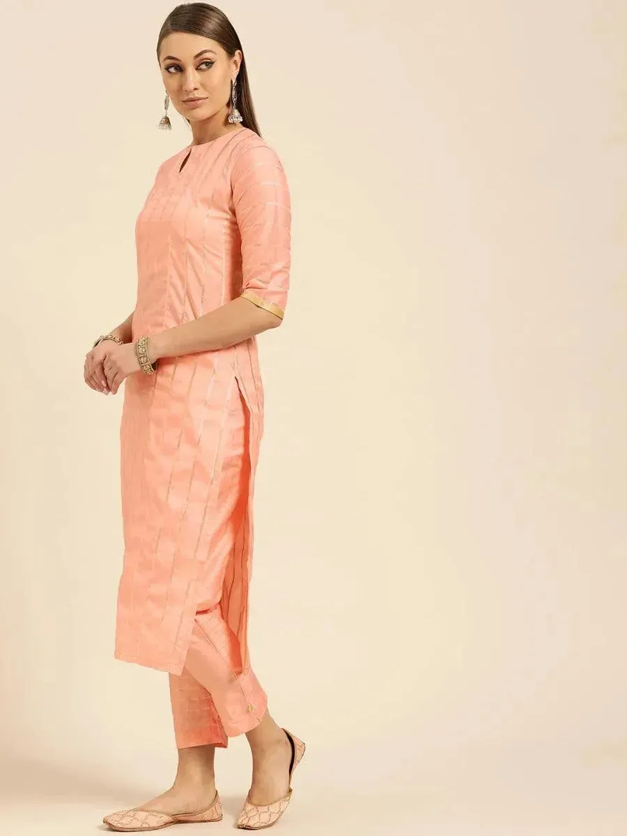 Peach Striped Silk Straight Kurta With Dupatta