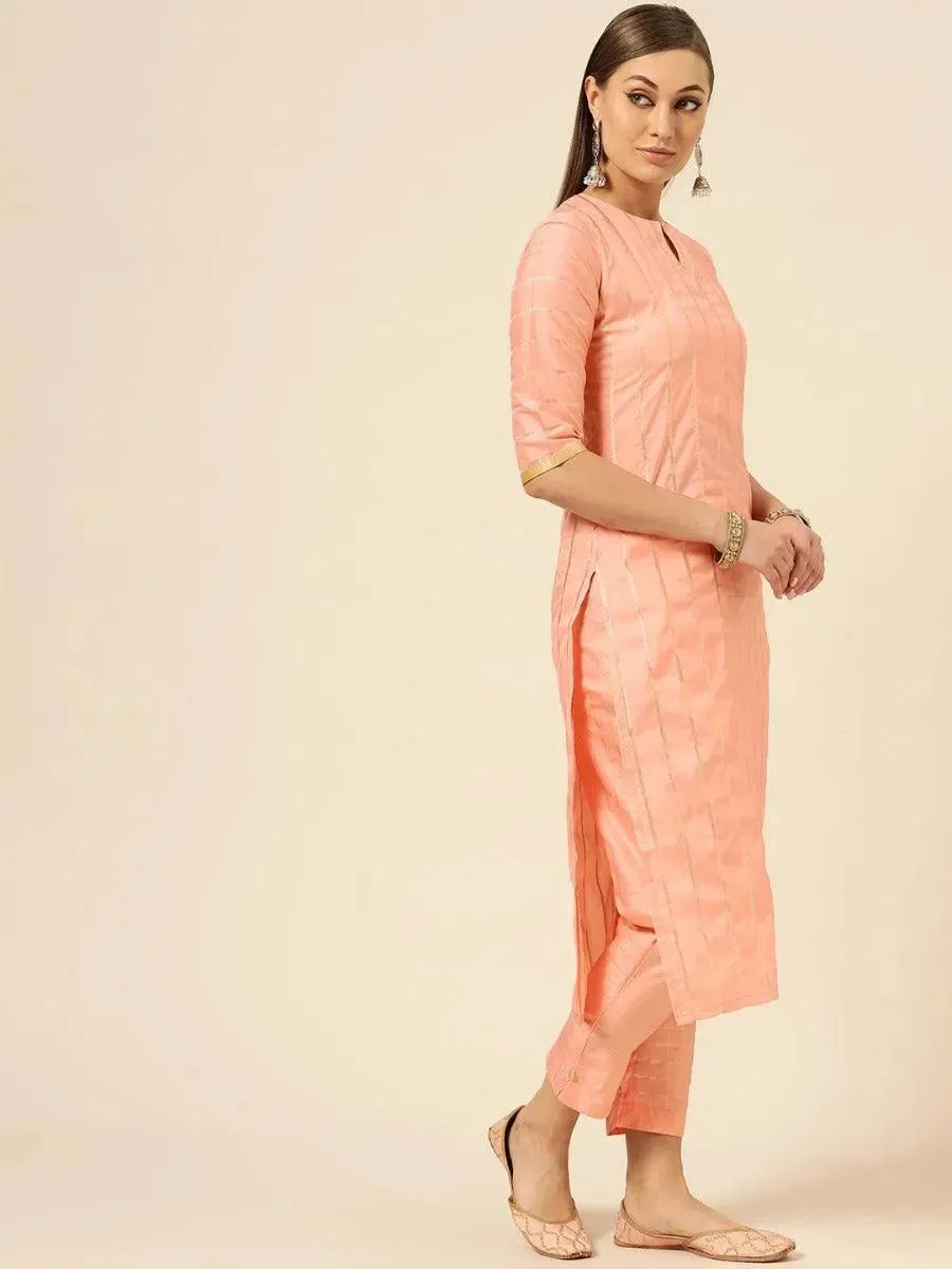 Peach Striped Silk Straight Kurta With Dupatta
