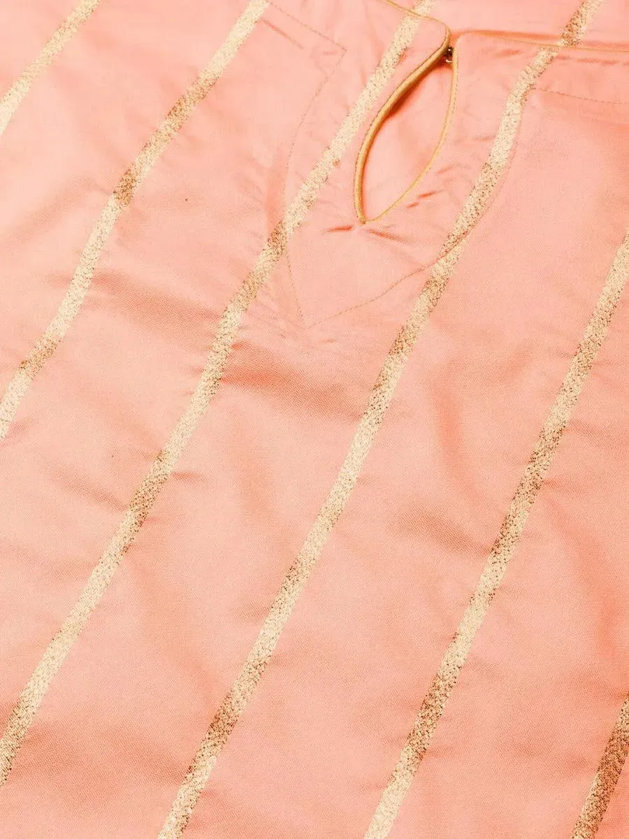 Peach Striped Silk Straight Kurta With Dupatta
