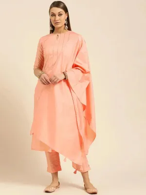 Peach Striped Silk Straight Kurta With Dupatta