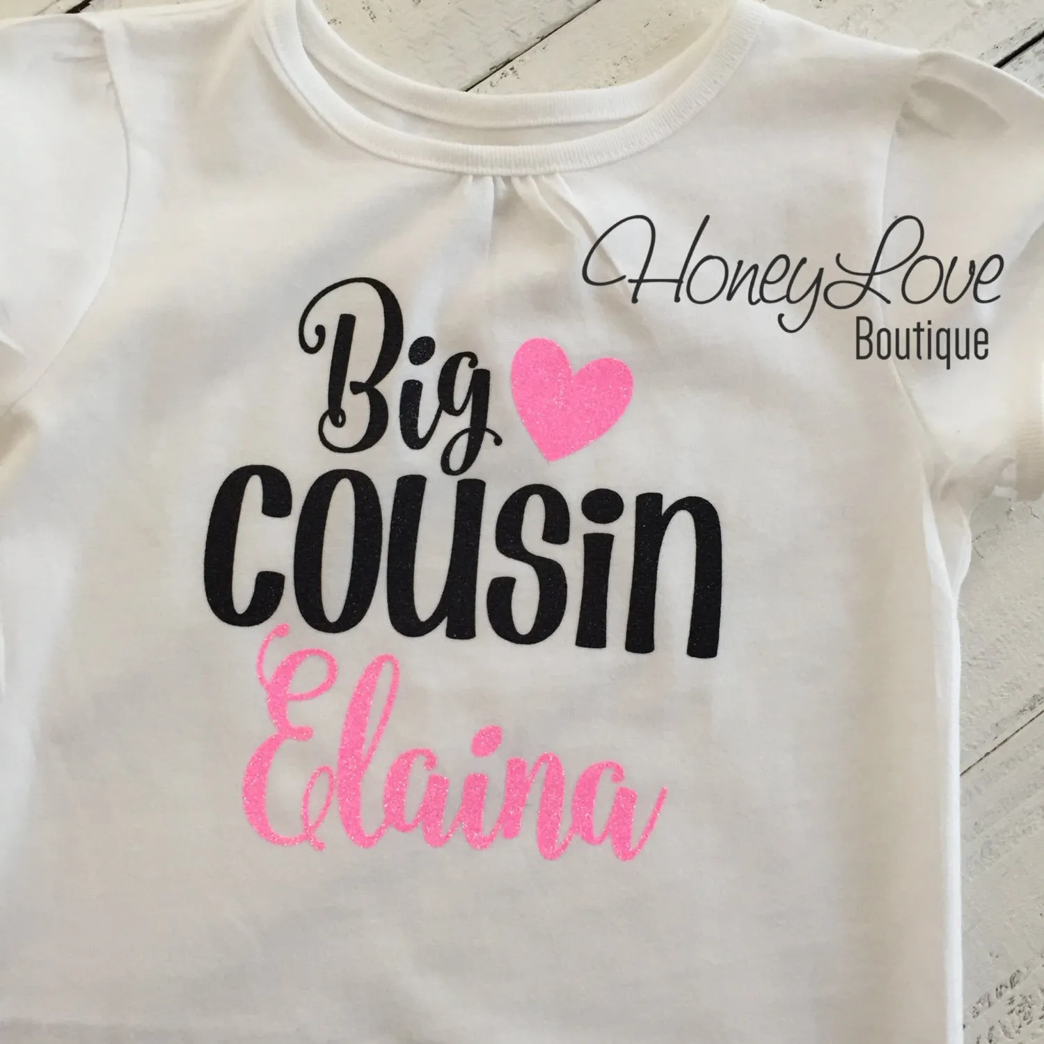 PERSONALIZED Cousin Bodysuits and Shirts - Black and Neon Pink Glitter
