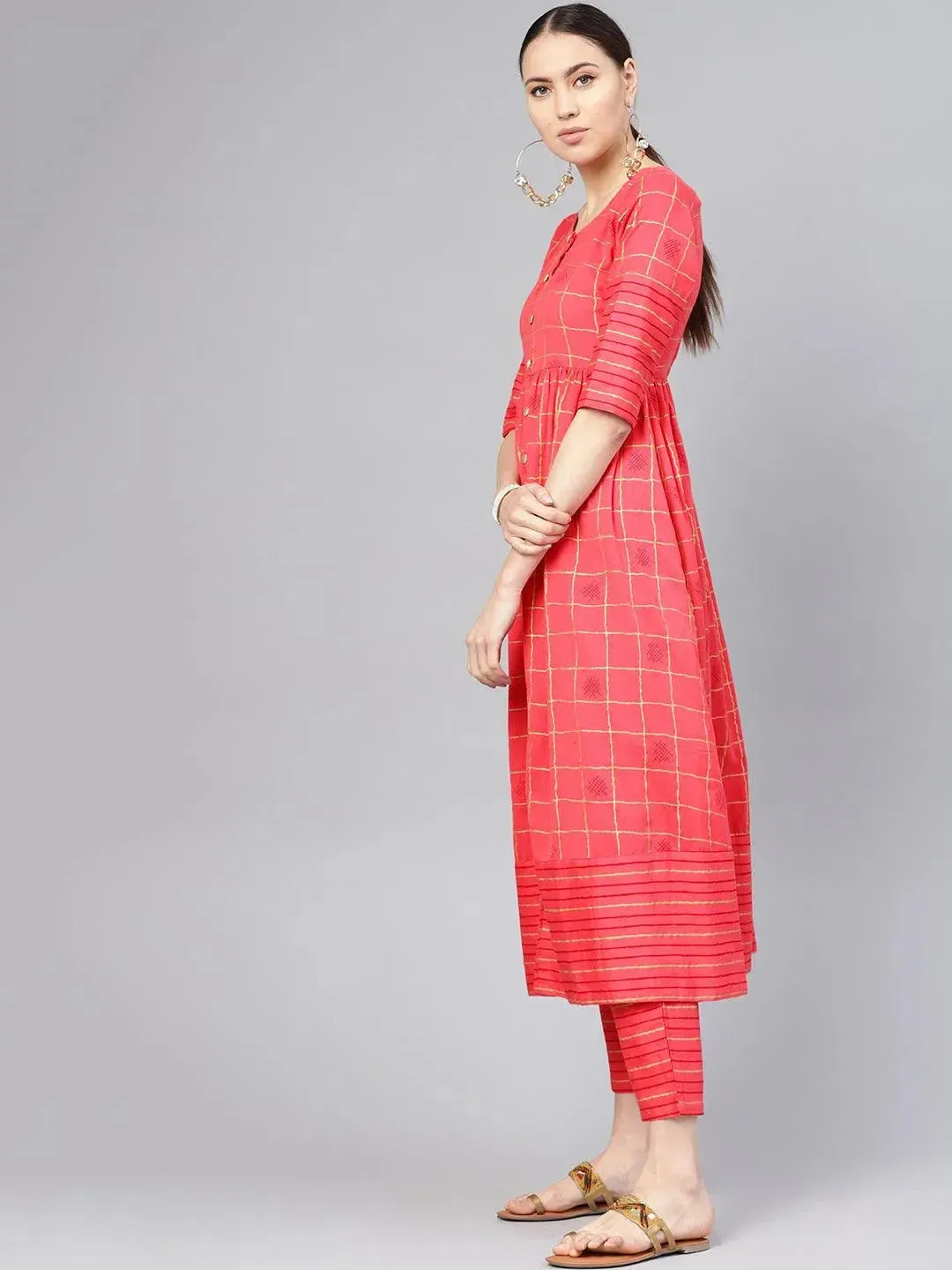 Pink Printed Cotton A-Line Kurta With Trousers