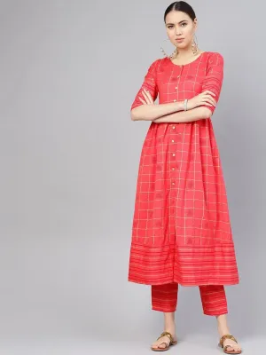 Pink Printed Cotton A-Line Kurta With Trousers