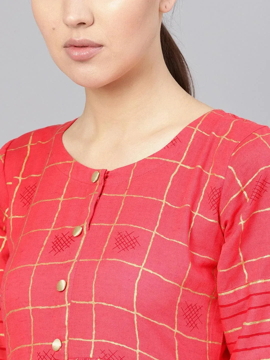 Pink Printed Cotton A-Line Kurta With Trousers