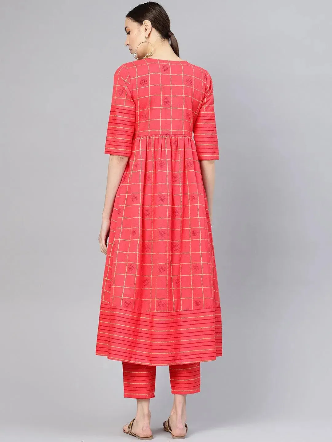Pink Printed Cotton A-Line Kurta With Trousers
