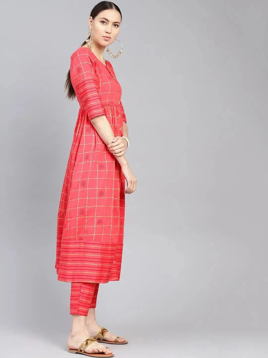 Pink Printed Cotton A-Line Kurta With Trousers