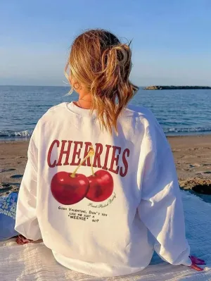 SXV  'cherry’ Printed Cool Aesthetic Drop Shoulder Oversized Baggy Sweatshirt