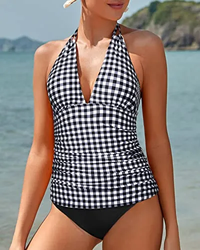 Two Piece Halter Tankini Swimsuits V Neck Tops Bikini Bottom-Black And White Checkered