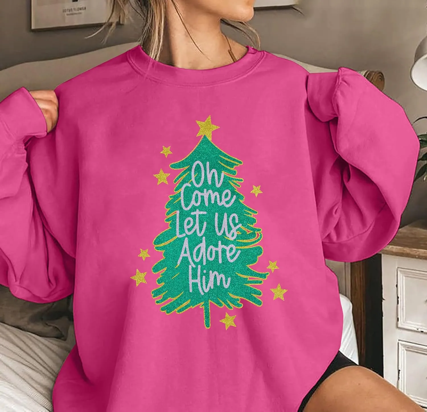 UNIQUEONE Ugly Christmas Sweatshirts Women Christmas Sweater Xmas Tree Sequin Top Winter Crewneck Family Holiday Outfits