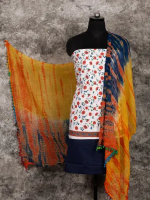 White Orange Green Hand Block Printed Cotton Suit-Salwar Fabric With Shibori Chiffon Dupatta (Set of 3) - SU01HB378