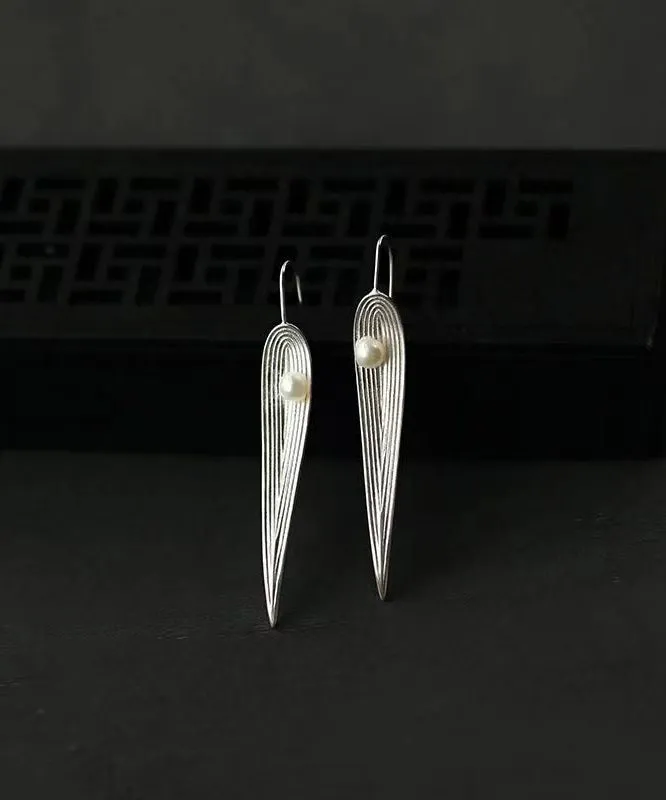 Women Silk Sterling Silver Pearl Bamboo Leaf Drop Earrings QQ040