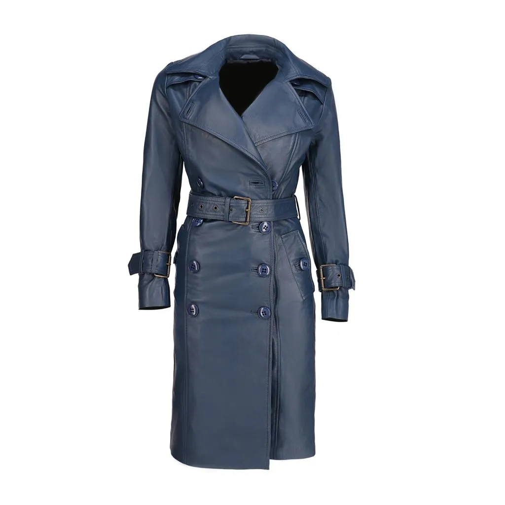 Women's Double Breasted Blue Leather Trench Coat