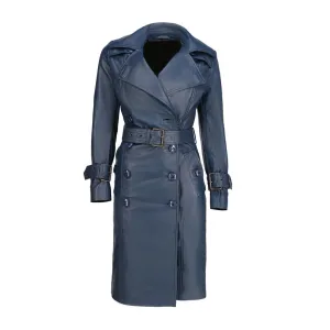 Women's Double Breasted Blue Leather Trench Coat