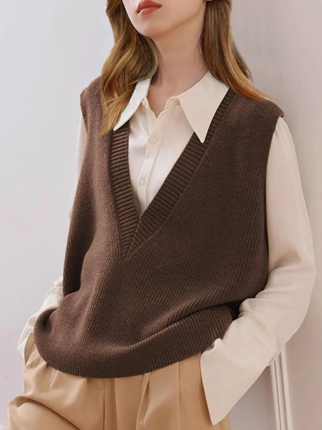 Wowcarbazole Womens Sweater Vest Casual V Neck Solid Ribbed Knit Pullover Vests Fall Sleeveless Sweaters Tops