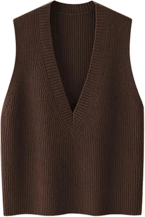Wowcarbazole Womens Sweater Vest Casual V Neck Solid Ribbed Knit Pullover Vests Fall Sleeveless Sweaters Tops