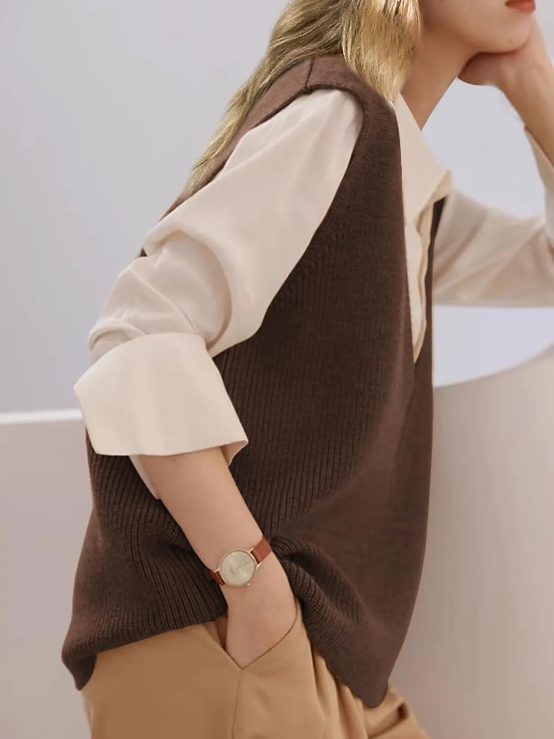 Wowcarbazole Womens Sweater Vest Casual V Neck Solid Ribbed Knit Pullover Vests Fall Sleeveless Sweaters Tops