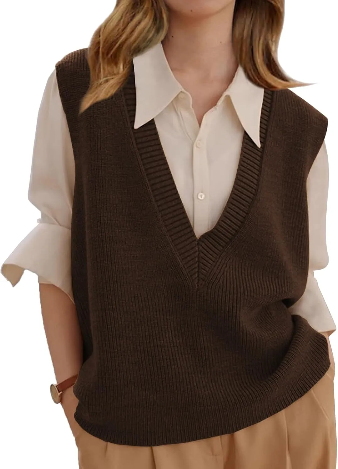Wowcarbazole Womens Sweater Vest Casual V Neck Solid Ribbed Knit Pullover Vests Fall Sleeveless Sweaters Tops