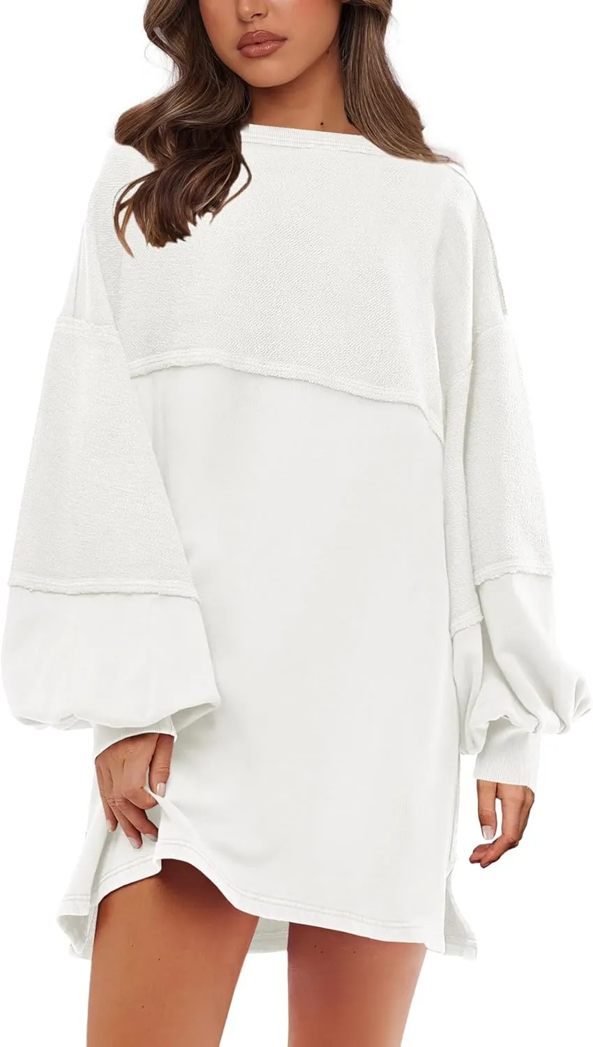 Yanekop Womens Oversized Sweatshirt Dress Patchwork Tunic Sweatshirts Crewneck Long Sleeve Spring Pullover Tops Side Slit