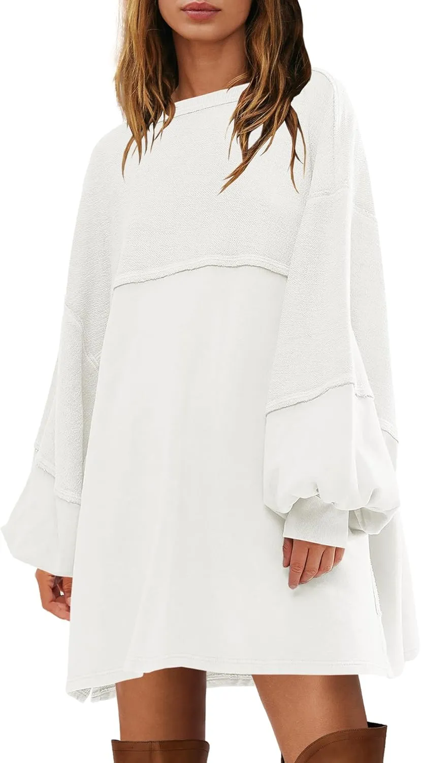 Yanekop Womens Oversized Sweatshirt Dress Patchwork Tunic Sweatshirts Crewneck Long Sleeve Spring Pullover Tops Side Slit