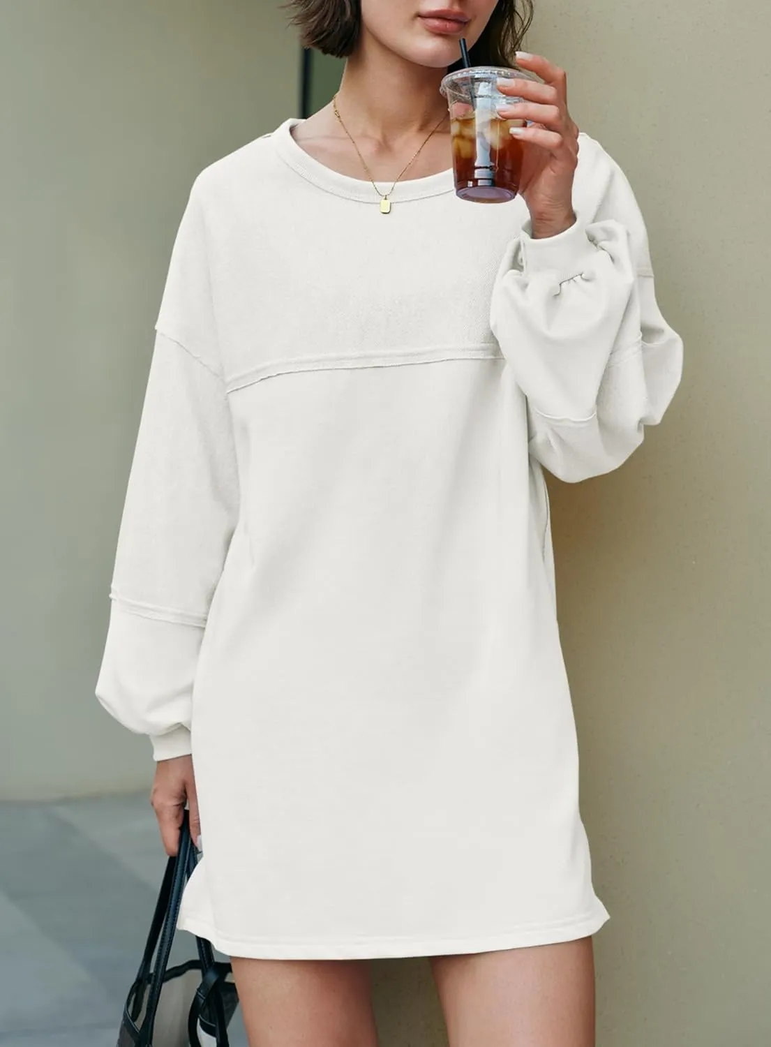 Yanekop Womens Oversized Sweatshirt Dress Patchwork Tunic Sweatshirts Crewneck Long Sleeve Spring Pullover Tops Side Slit