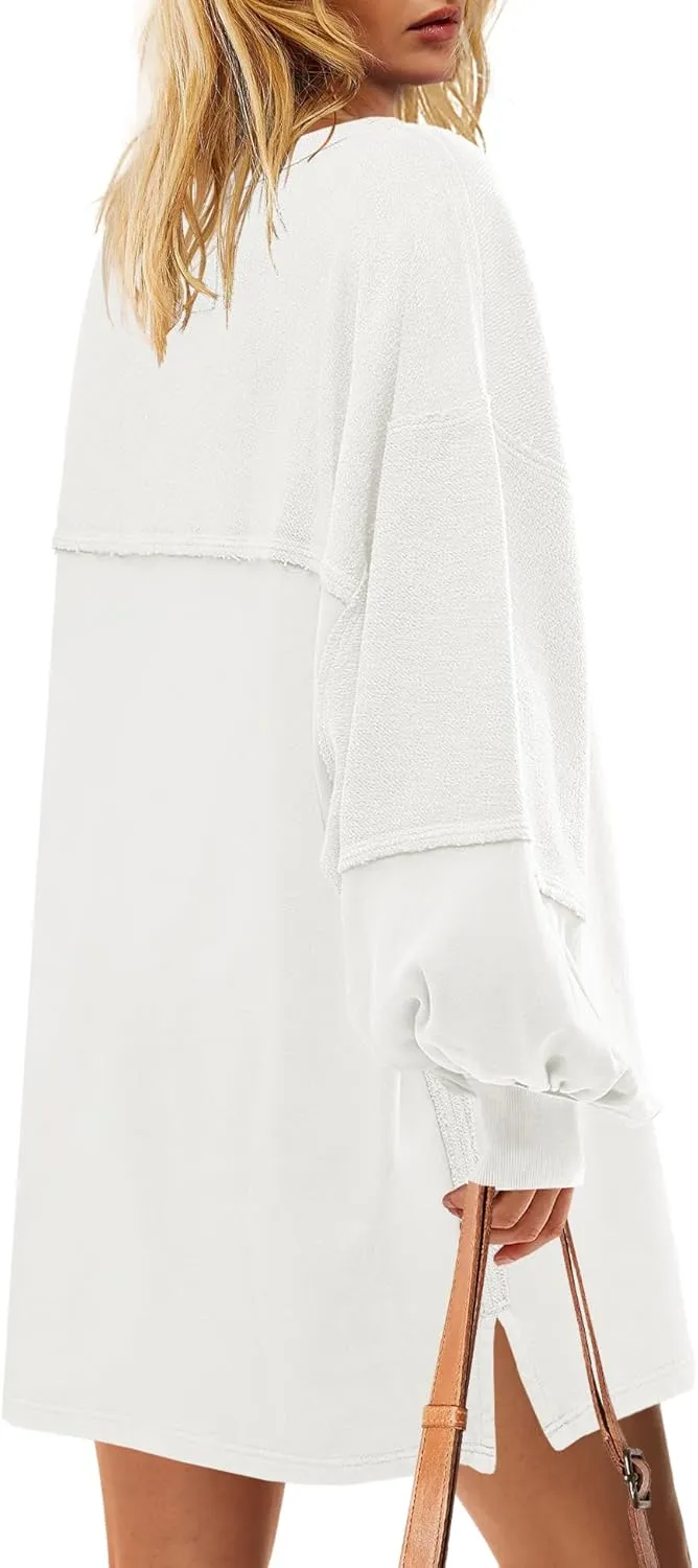 Yanekop Womens Oversized Sweatshirt Dress Patchwork Tunic Sweatshirts Crewneck Long Sleeve Spring Pullover Tops Side Slit