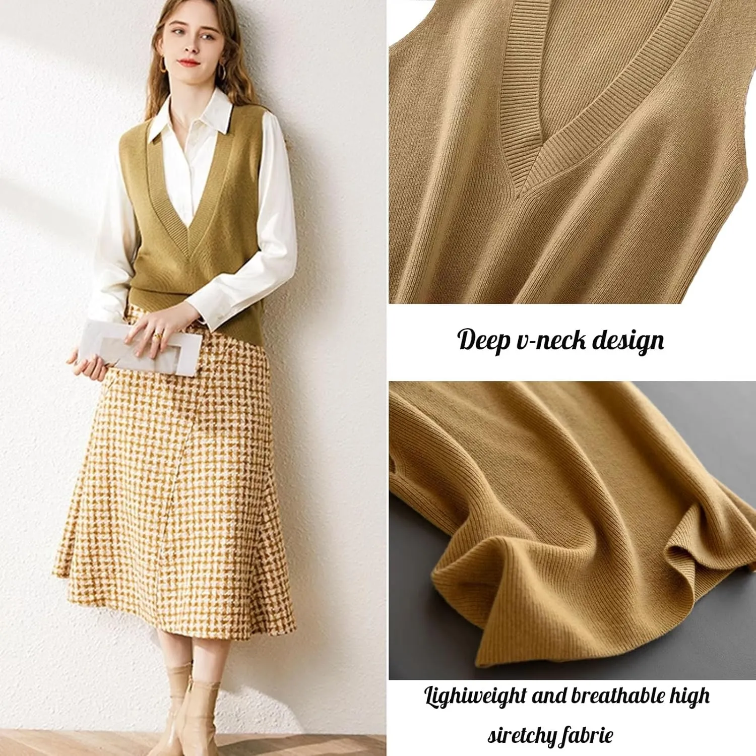 ZUEVI Women's Sweater Vest V Neck Sleeveless Pullover Knitwear Tops Casual Trendy Solid Crop Knitted Sweaters Vests