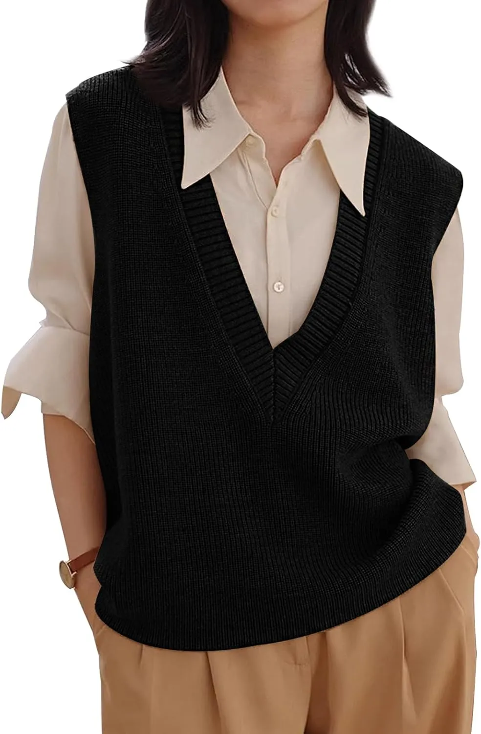 ZUEVI Women's Sweater Vest V Neck Sleeveless Pullover Knitwear Tops Casual Trendy Solid Crop Knitted Sweaters Vests