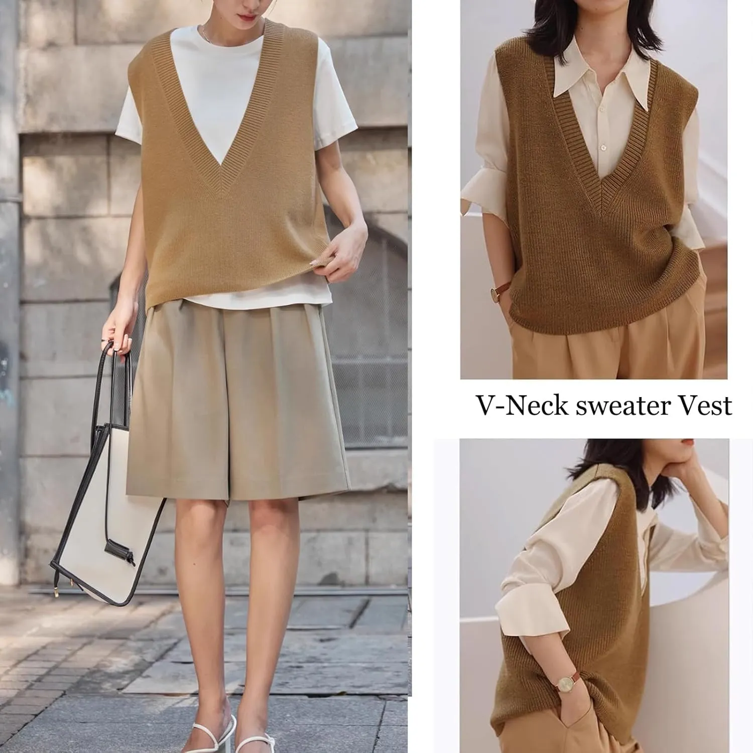 ZUEVI Women's Sweater Vest V Neck Sleeveless Pullover Knitwear Tops Casual Trendy Solid Crop Knitted Sweaters Vests